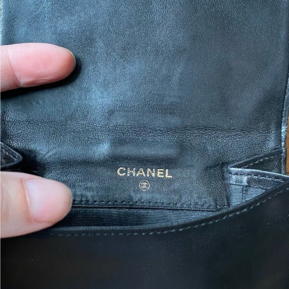 CHANEL Black Leather Wallet with Gold Accents